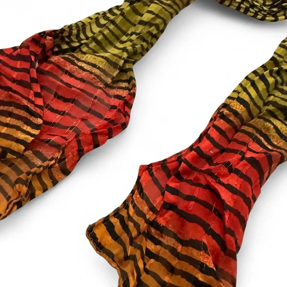 Y2K Vibrant Sunset Striped Plissé Scarf – Bohemian Pleated Wrap